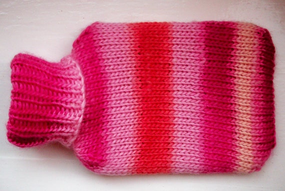 Hot water bottle and hand knitted cozy, hottie cover, medium, wool, soft warm, orange, pinks multi