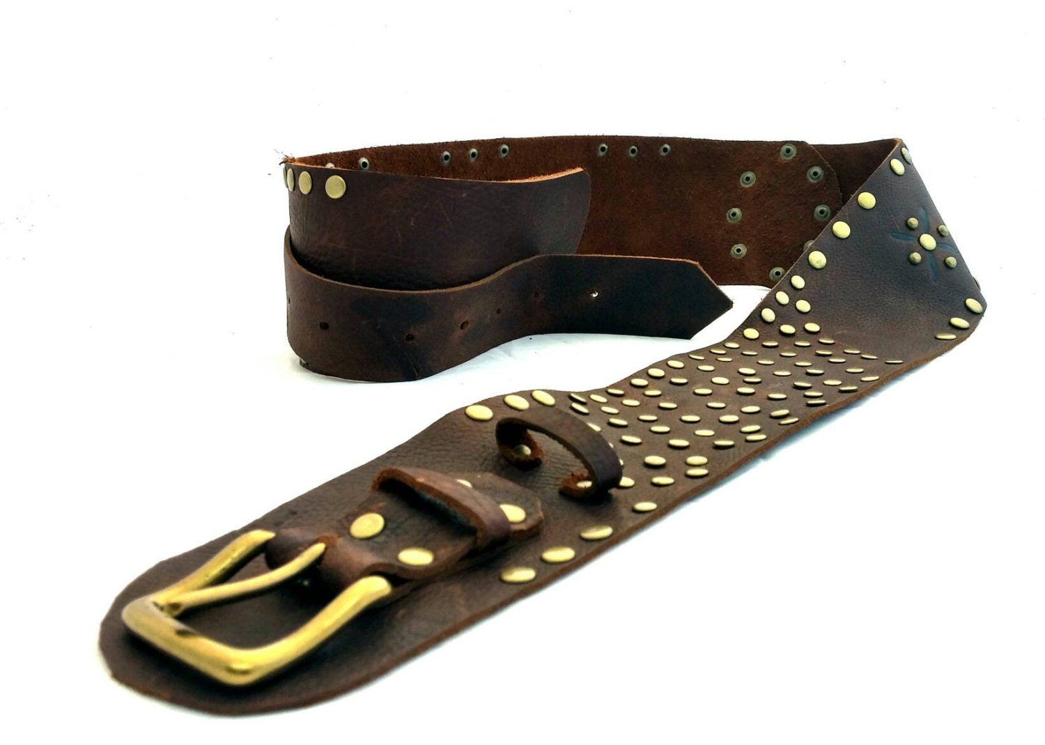 Steampunk Pirate Leather Belt wide brown belt with brass