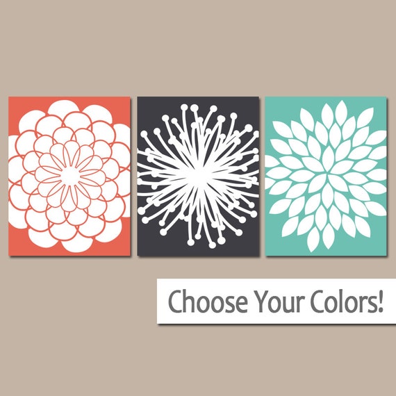 Dandelion Wall Art Coral Navy Aqua CANVAS or Prints Bathroom