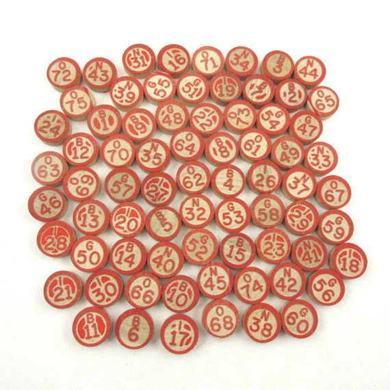 Vintage Wooden Bingo Game Pieces with Red Numbers and Letters