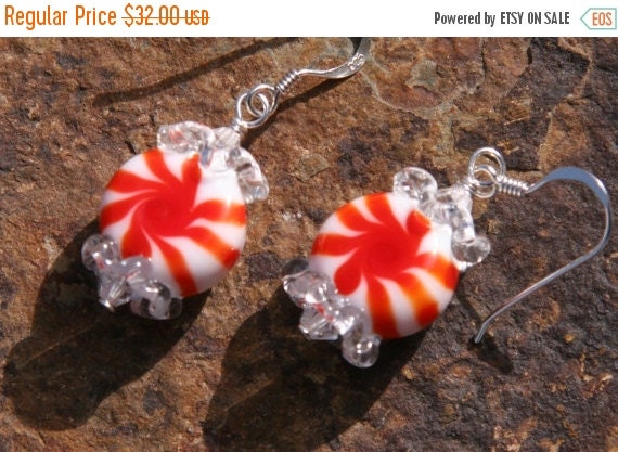 BLACK FRIDAY SALES Event Peppermint Candies Handmade Sra Lampwork DeSIGNeR Earrings Sweet Treats Holiday Christmas Red White