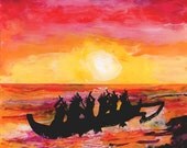 Canoe Ride 8x8 art print Hawaiian paddle boarding ancient Hawaiians Hawaii Kauai sunset painting gifts for him outrigger ocean voyage Canoe Ride 8x8 art print Hawaiian paddle boarding ancient Hawaiians Hawaii Kauai sunset painting gifts for him outrigger ocean voyage