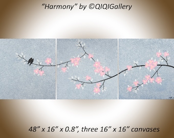 48" pink silver black set of 3 wall art canvas original Acrylic BIRDS painting impasto palette knife gift for her "Harmony" by QIQIGALLERY