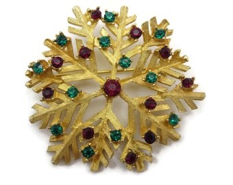 Rhinestone Snowflake Brooch - Dodds, Red Green Gold Tone Costume Jewelry