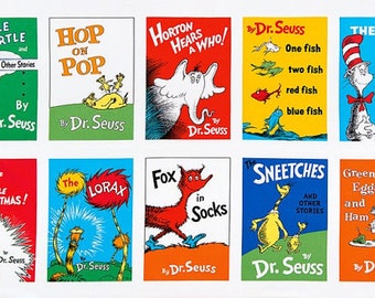 Dr Seuss Book Titles Multi colored Kaufman Fabric Panel