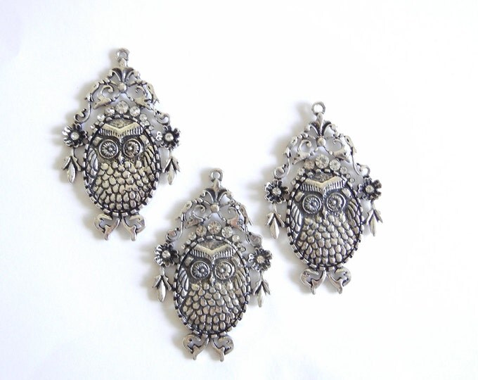 Set of 3 Large Owl Bird Pendants Antique Silver-tone Rhinestone