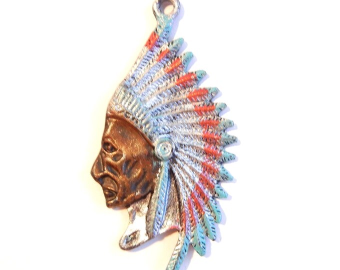 Antique Burnished Gold-tone Painted Indian Chief Head Pendant