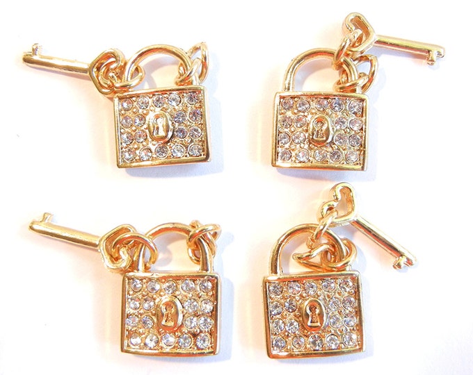 4 or 2 Pairs of Small Dimensional Rhinestone Gold-tone Locks with Key Charms