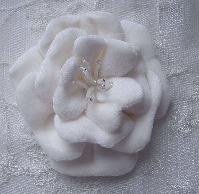 Glass Beaded Ivory Velvet Fabric Rose Flower Hat Corsage Pin
