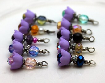 10 Piece Baby Bell Lucite Flower Bead Dangle Charm Drop Set In Purple