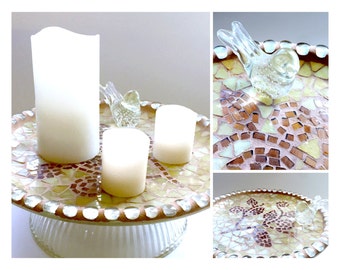 Mosaic Bird Bath, Mosaic Candle Holder, Mosaic Bird Centerpiece, Glass Bird Mosaic Candle Pedestal, Mosaic Bird Art, Mosaic Birdbath