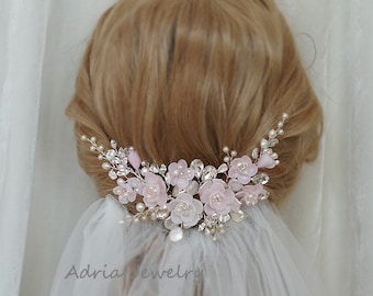 Pink Bridal Fascinator Wedding Hair Comb Blush Pink Bridal Headpiece with Crystals Pearls and Flowers Bridal Combs Blush Pink Fascinator
