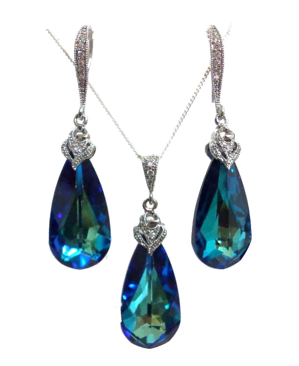 Peacock Wedding Jewelry Set Something Blue Bridal Earrings