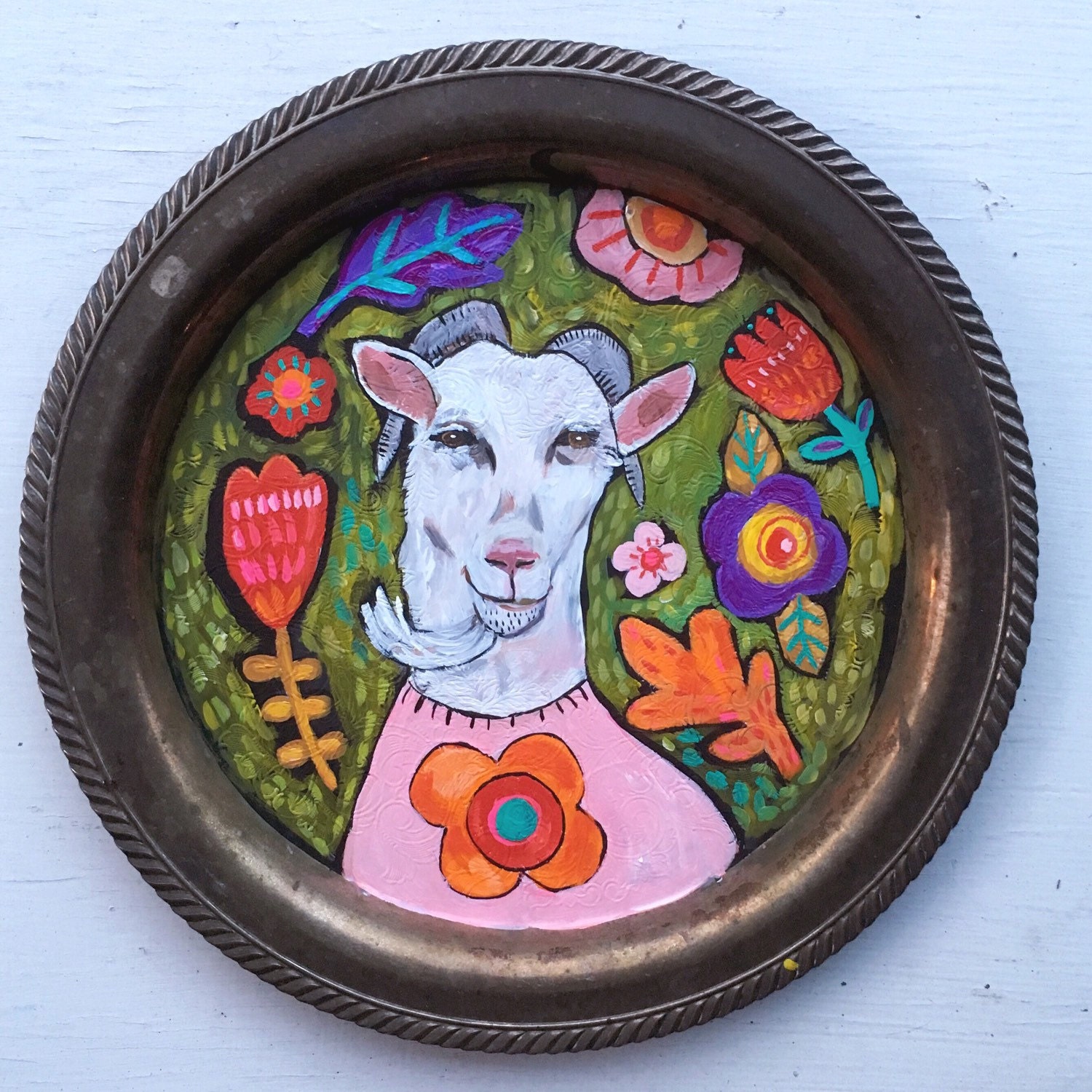 Folk Art Goat Painting on a Vintage Tray by evesjulia12 on Etsy