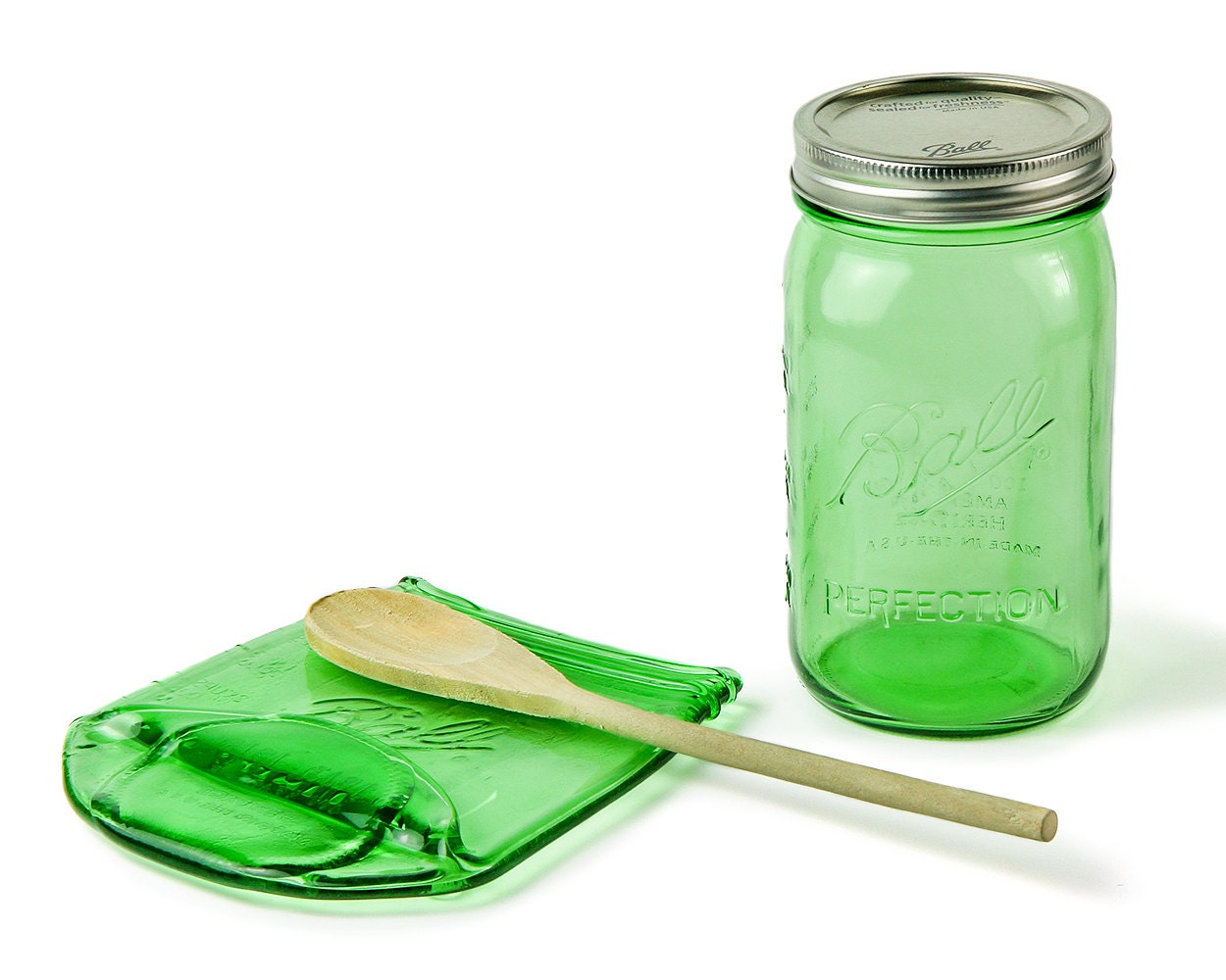 Big Melted Mason Jar Spoon Rest / Large Green Ball Jar Spoon