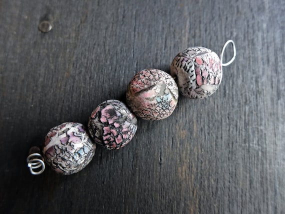 Fractured Stones- rustic crackle polymer clay art bead earring pairs (4)- handmade artisan beads- grey and pink