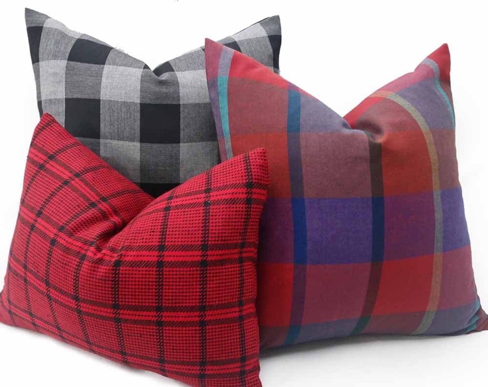Wool Buffalo Plaid Pillow Cover Black Grey by PillowThrowDecor