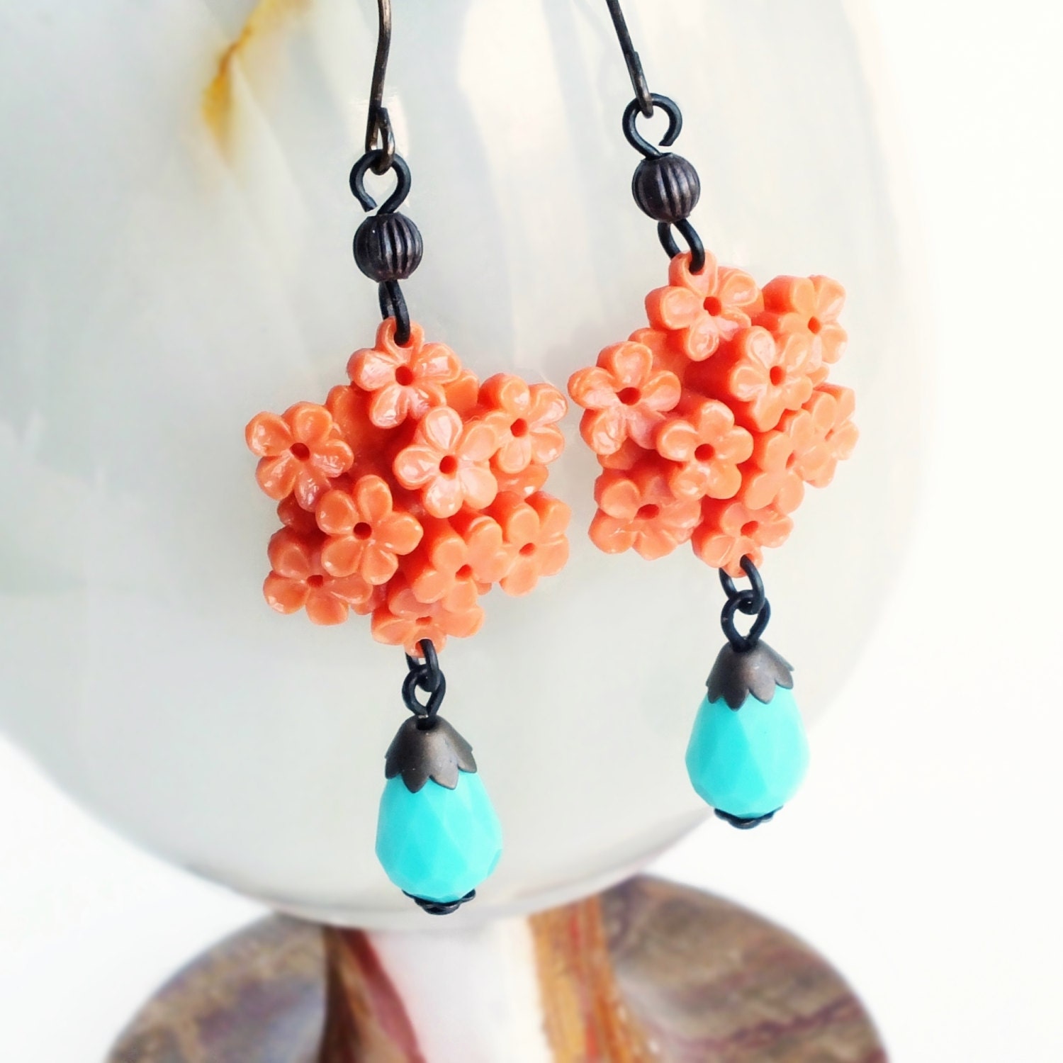 Coral Flower Earrings Vintage Floral Celluloid Bouquet Dangles