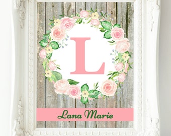 Baby Girl Nursery Wall Art, Custom Name Print, New Baby Gift, Mint Pink Nursery Decor, Wall Art Girl, Personalized Baby, Floral Letter Art