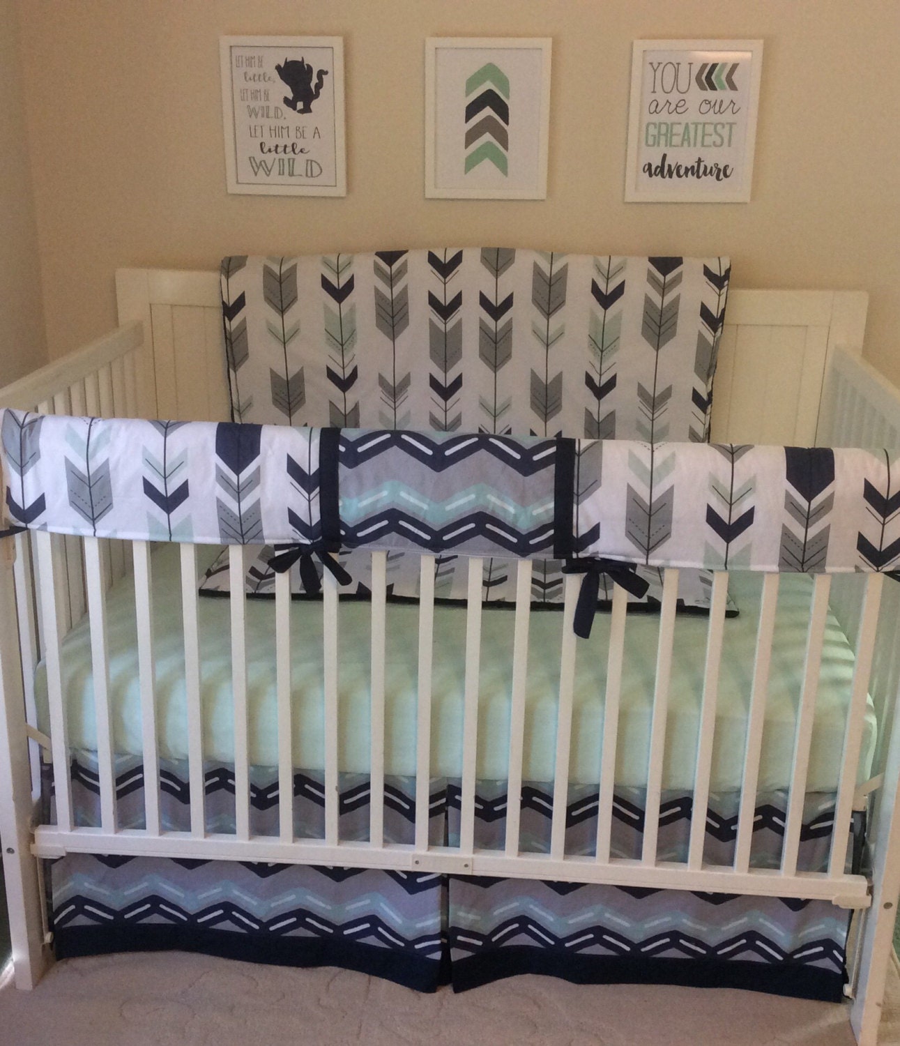 Baby Boy Crib Bedding Set Navy Mint and Grey Bumperless