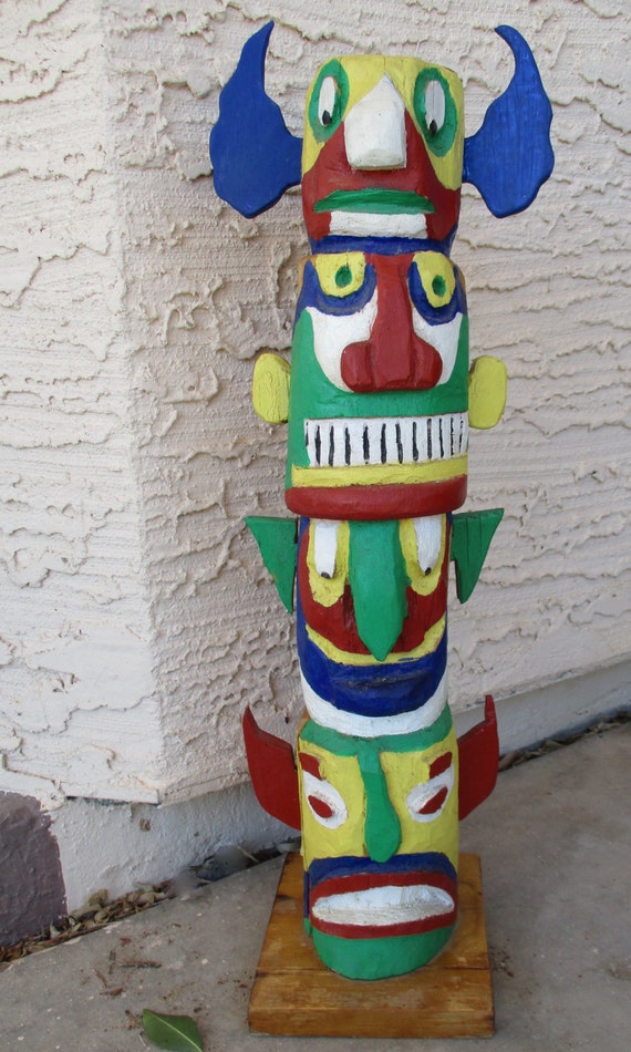 Vintage Colorful Faces Hand Carved Totem Pole Tribal Wood