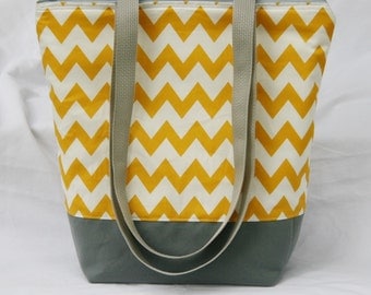Mustard Chevron Stripe-Insulated Lunch Bag-Tote-Eco-Friendly and Washable-Water and Mildew Resistant Interior -Extra Large-Tall Size