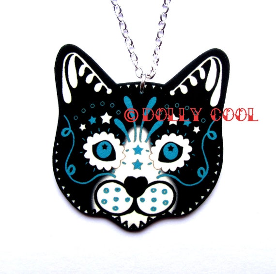 Items similar to Tuxedo Cat Necklace Sugar Skull Style by Dolly Cool ...