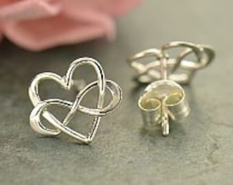 Sterling Silver Infinity Heart Post Earrings, 925 Silver, 9mm x 10mm x 1mm thick,