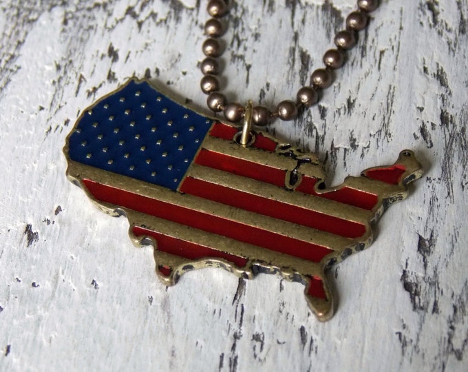 American Flag Rustic Brass Ball Chain Necklace American Pride Olympic Spirit USA Necklace Antique Hippie Bohemian Layer Style Jewelry