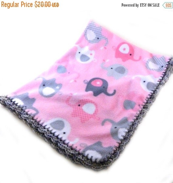 SALE Pink Elephant Baby Blanket Gray White by Sewingdreamsnotions