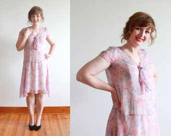 vintage 1920s dress | 20s sheer silk floral garden party frock | size m - l