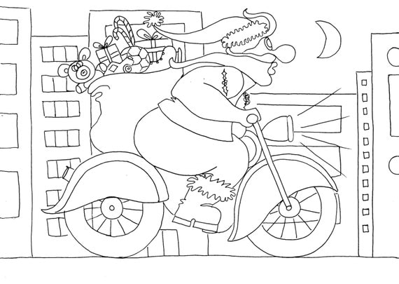 Motorcycle Santa Christmas Coloring Pages for Adults from
