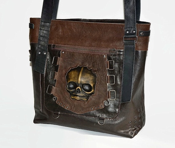 Leather tote Bag - Tote - Bag Leather - Bag Large - baby skull - Zombie - Handbag - Shoulder Bag - Unisex bag - leather tote - messenger bag by FamilySkiners steampunk buy now online