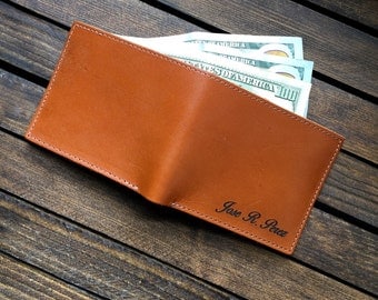 Mens Leather Wallet - Leather Bifold Wallet - Engraved Wallet - Tan MC