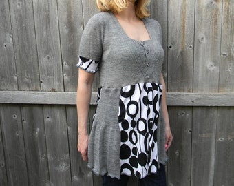 Upcycled Women Short Sleeve Top Tunic Loose Women Top Wearable Art Bohemian Clothing Women Dress MEDIUM Gray / Black & White Bold Pattern