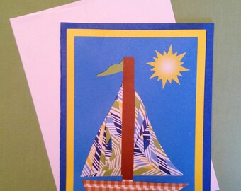 Sailboat, Note card, 5" x 7", hand crafted, Iris paper folding technique, inside blank