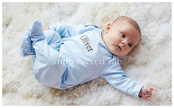 Oliver's Blue & Brown Footed Sleeper-Baby Boy Coming Home Outfit-Baby Shower Gift-Newborn Pictures-Pima Cotton Footed Sleeper