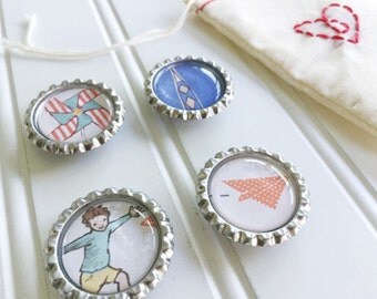 boy theme / magnets set of 4 / paper airplane / rocket / boy