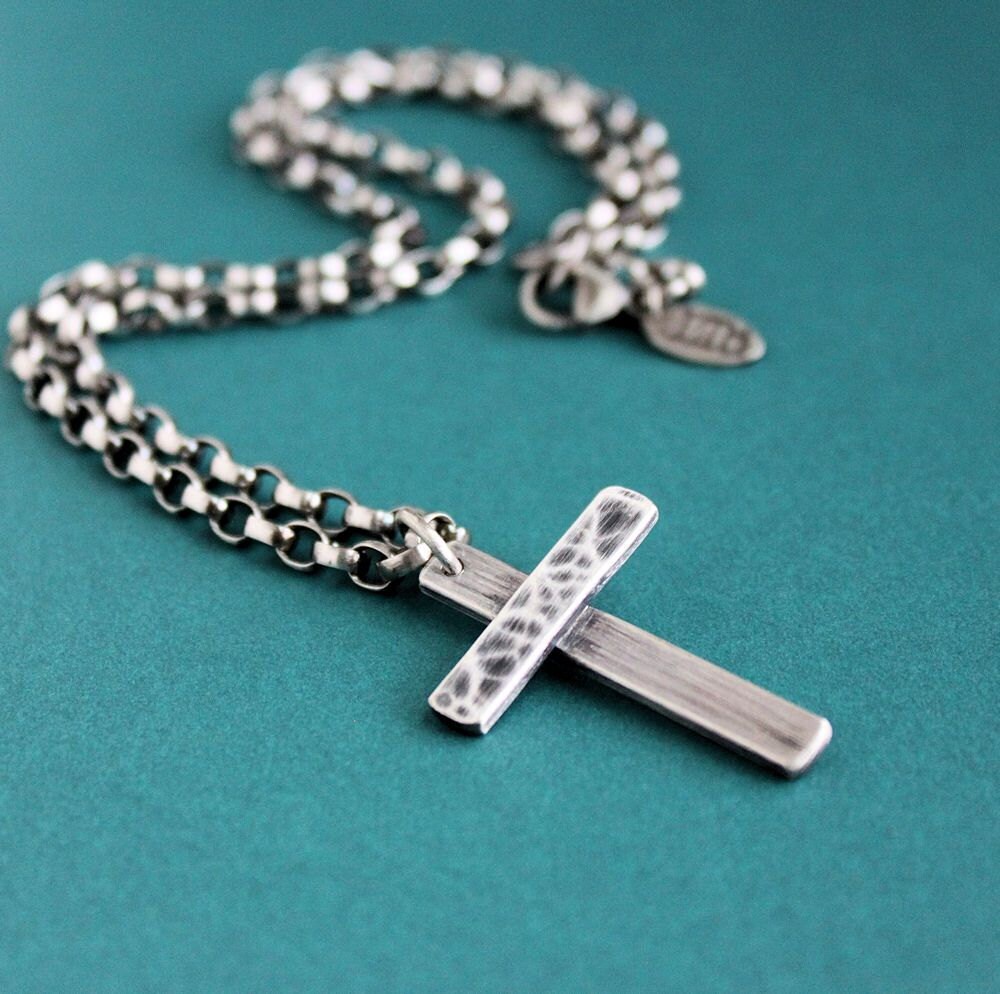 Men's Hammered Cross Necklace Sterling Silver Oval Rolo