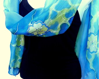 Hand Painted Silk Scarf, Aqua Blue Yellow Mint, Romantic Floral, Silk Chiffon Scarf, Gift For Her