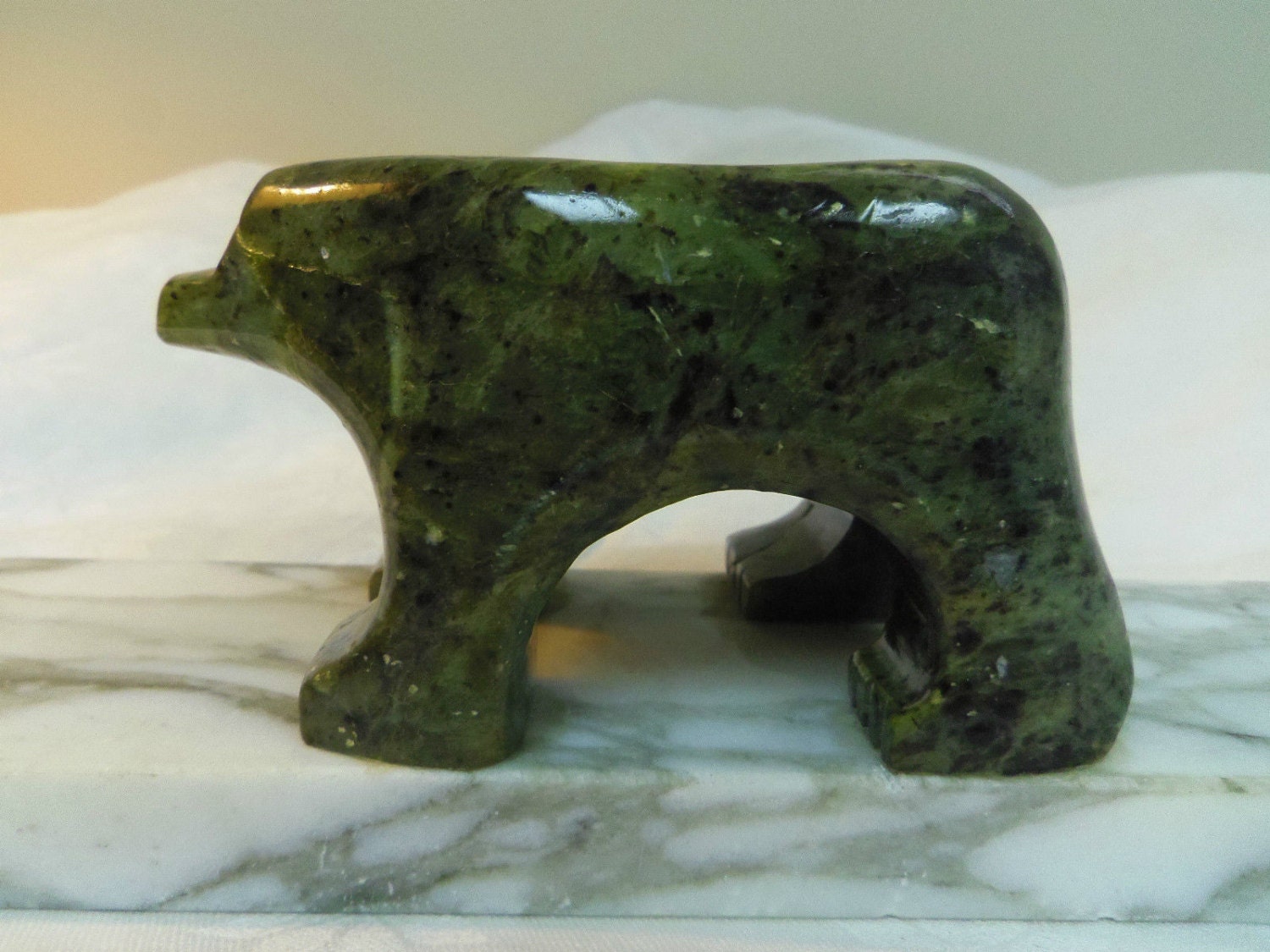 Bear Carving Green Soapstone on Marble Base by Miracle Earth