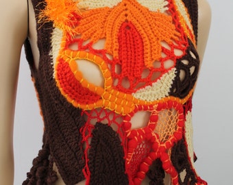 Crochet sweater, Boho Chic Hippie Fairy Gypsy Mori Girl Chunky Cropped Freeform Crochet Sweater Vest, Textured Sweater, Wearable Art , OOAK