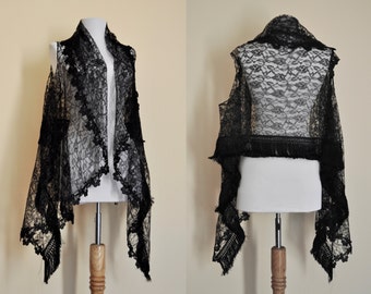 Black Lace Fringe Curved Scarf Vest, Shawl, Goth, Glamour, Steampunk, Boho, Bohemian, Gypsy, Thanksgiving, Christmas