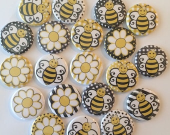 set of 20 1" or 1.25 inch bumble bee buttons pin flat back, hollowback or magnets