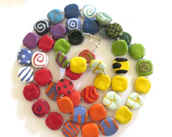 Kazuri Bead Necklace, Rainbow Colored Necklace, Fair Trade Beads, Ceramic Jewelry