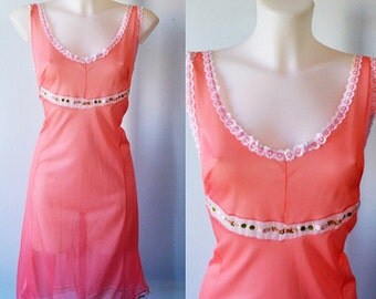 Vintage Full Slip, Vintage Slip, Salmon Chiffon Full Slip, Chiffon Slip, 1960s Slip, Slips