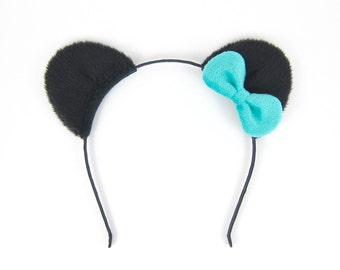 Panda Bear Headband Fluffy Black Bear Ears Headband with Bow