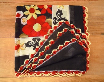black cotton scarf, red yellow flower, crochet trim