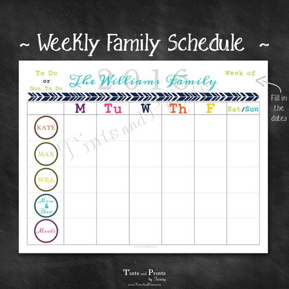 Personalized Weekly Family Schedule 2016 By TintsAndPrints