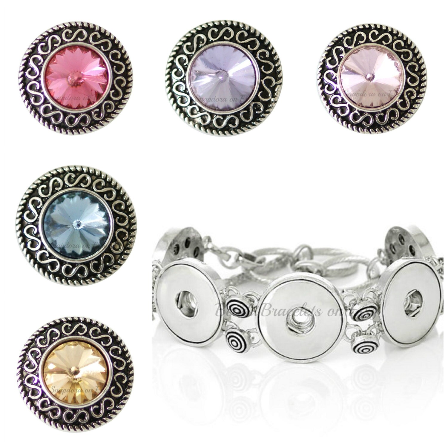 Snap charm bracelet with 5 matching snap charms in different